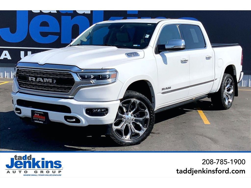 2020 RAM 1500 Limited in Ivory White Tri-Coat Pearlcoat — front three-quarter view