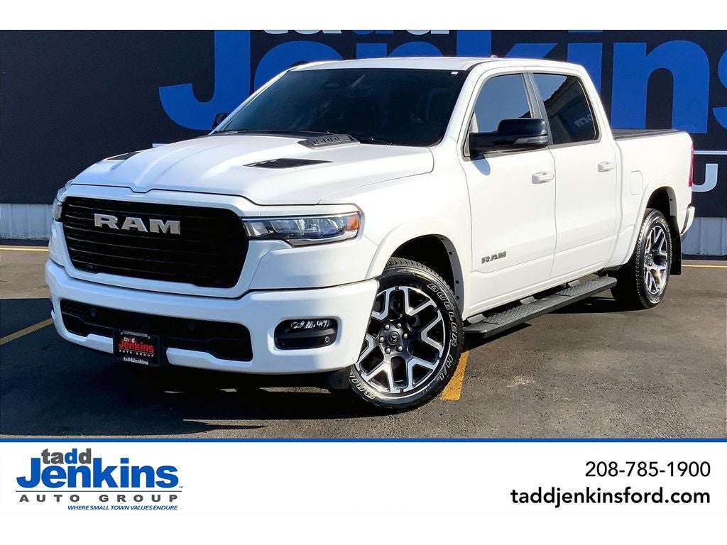 2025 RAM 1500 Laramie in Bright White Clearcoat — front three-quarter view