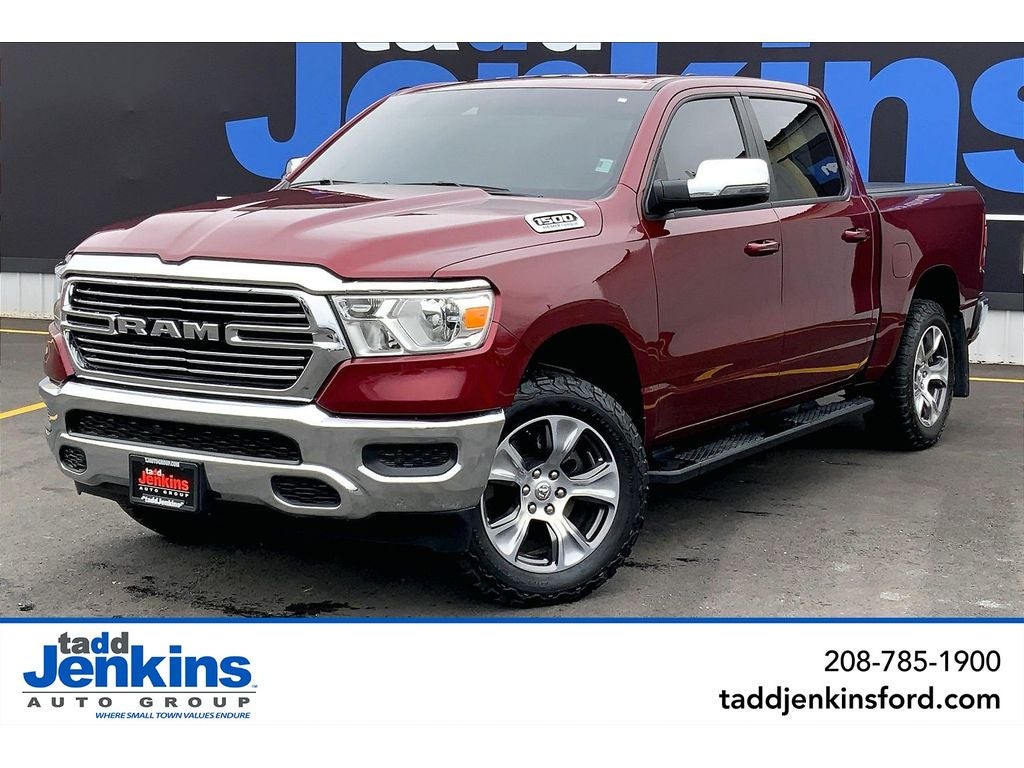2023 RAM 1500 Laramie in Delmonico Red Pearlcoat — front three-quarter view