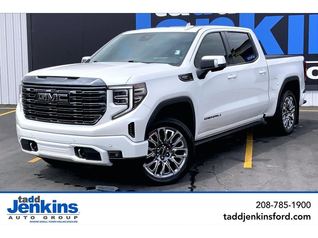 2023 GMC Sierra 1500 Denali Ultimate in White Frost Tricoat — front three-quarter view