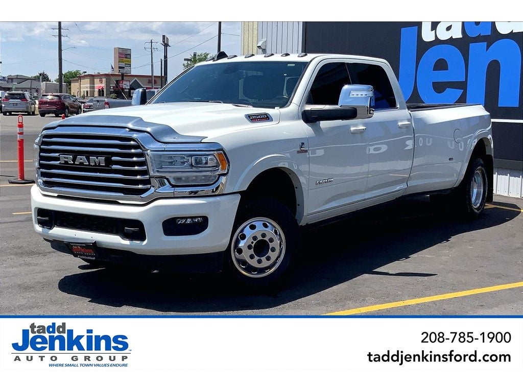 2023 RAM 3500 Longhorn in Pearl White — front three-quarter view