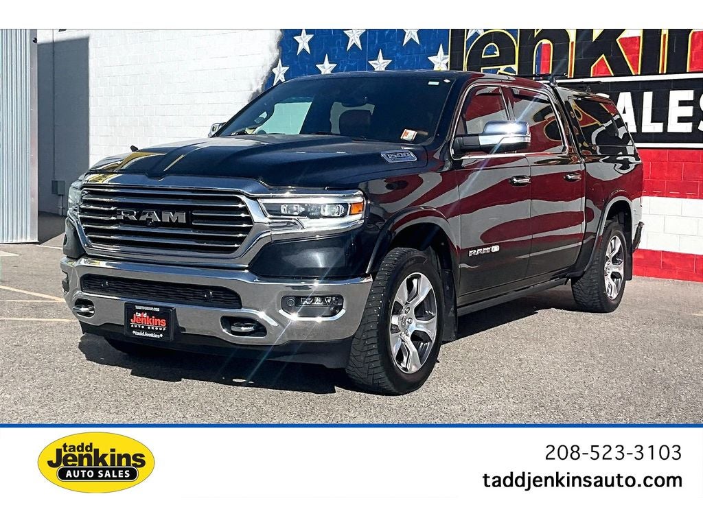 2021 RAM 1500 Longhorn in Diamond Black Crystal Pearlcoat — front three-quarter view