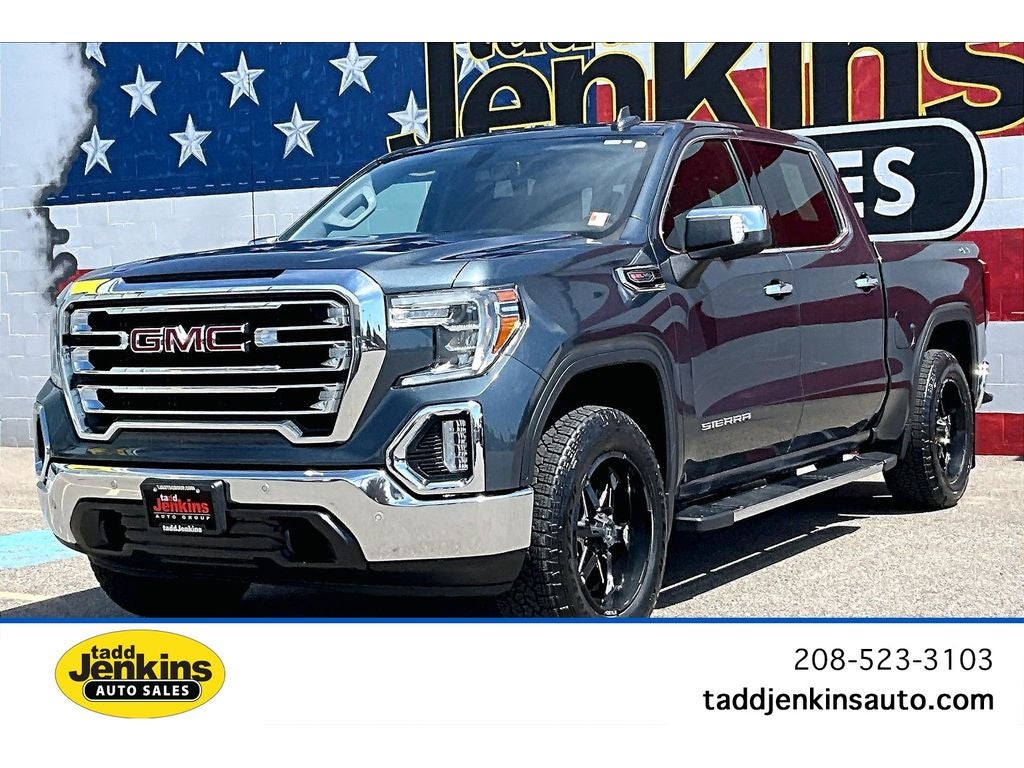 2019 GMC Sierra SLT in Dark Sky Metallic — front three-quarter view